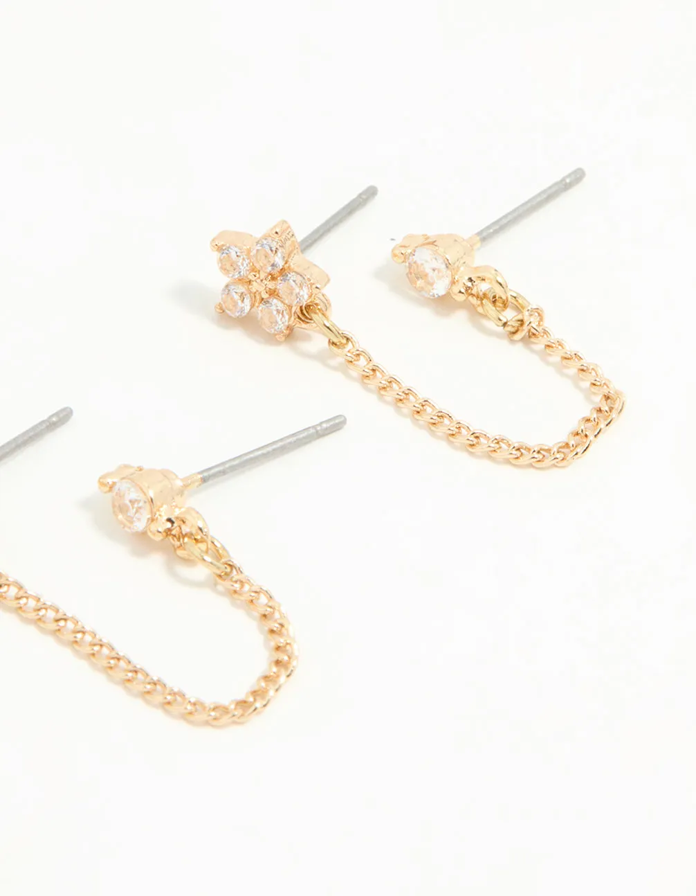 Gold Cubic Zirconia Chain & Flower Huggie Earrings 2-Pack sold by lovisa product image thumbnail 3