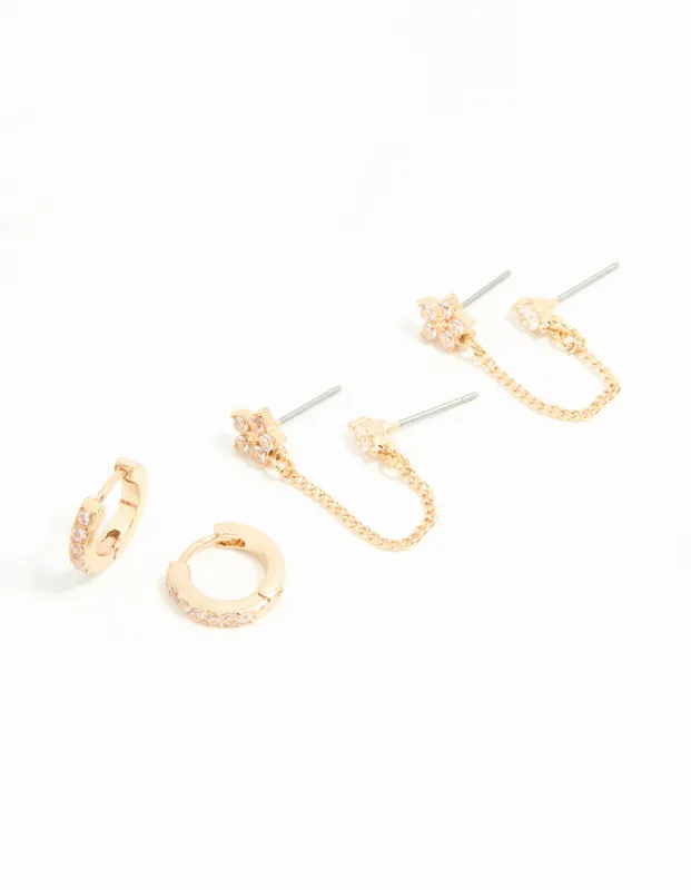 Gold Cubic Zirconia Chain & Flower Huggie Earrings 2-Pack sold by lovisa