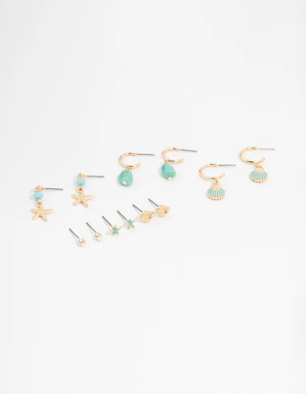 Gold Starfish & Shell Mixed Earrings 6-Pack sold by lovisa