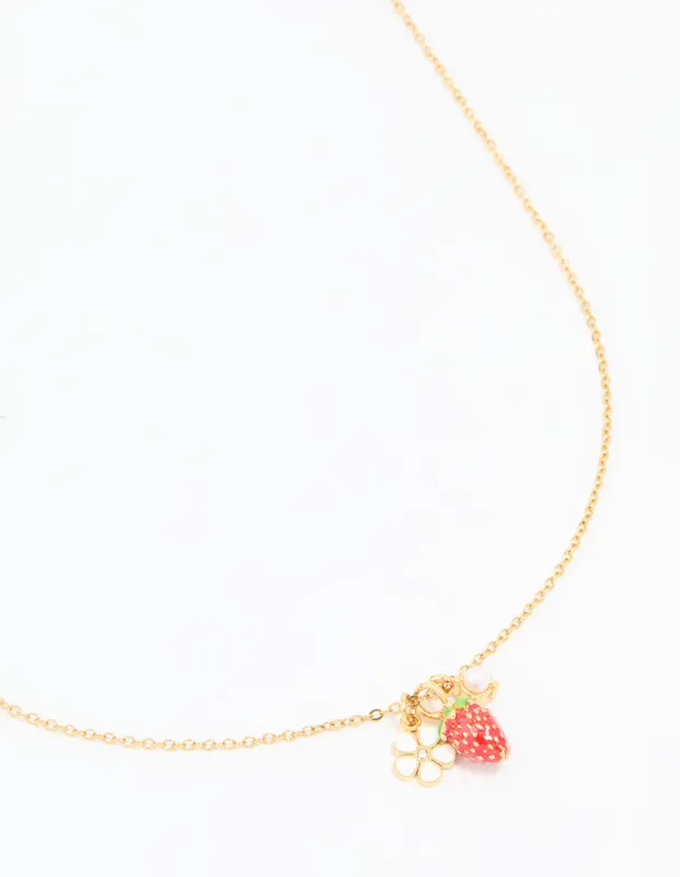 Waterproof Gold Plated Stainless Steel Strawberry & Flower Pendant Necklace sold by lovisa