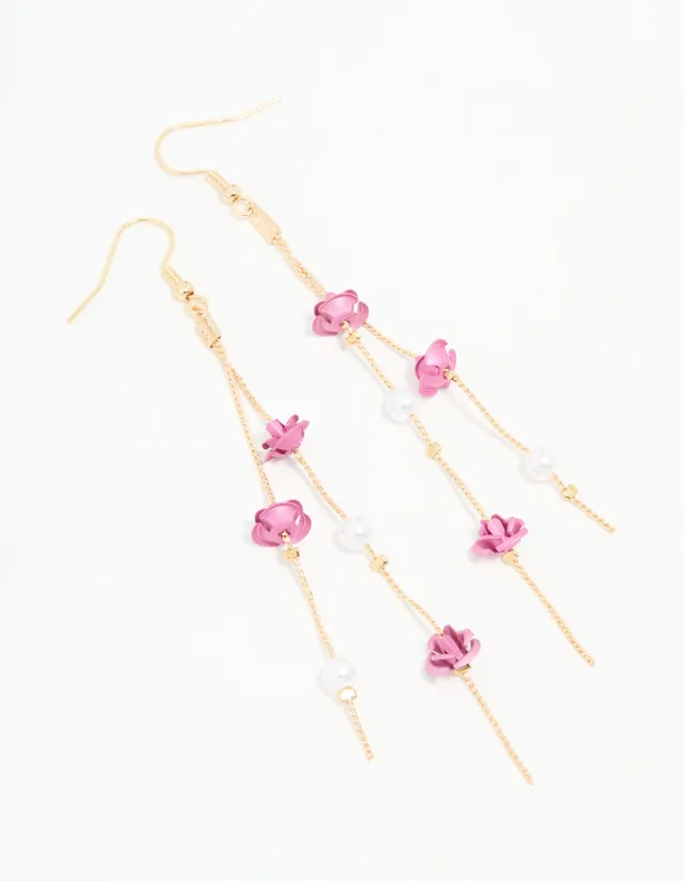 Gold Pearl & Pink Rose Chain Drop Earrings sold by lovisa