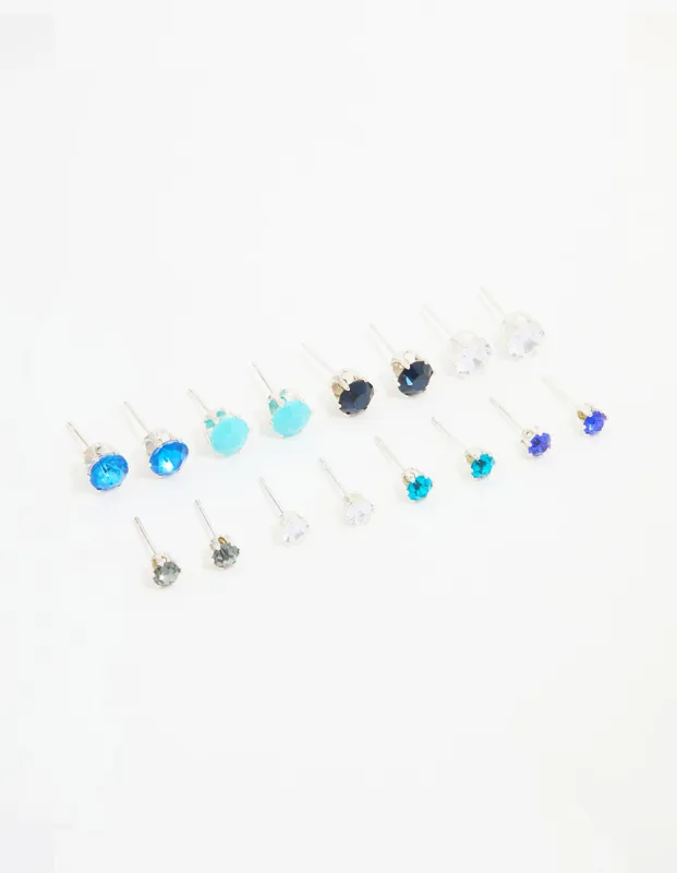 Silver Blue Diamante Stud Earrings 8-Pack sold by lovisa