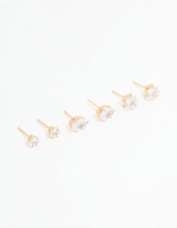 Gold Diamante Mixed Stud Earrings 3-Pack sold by lovisa