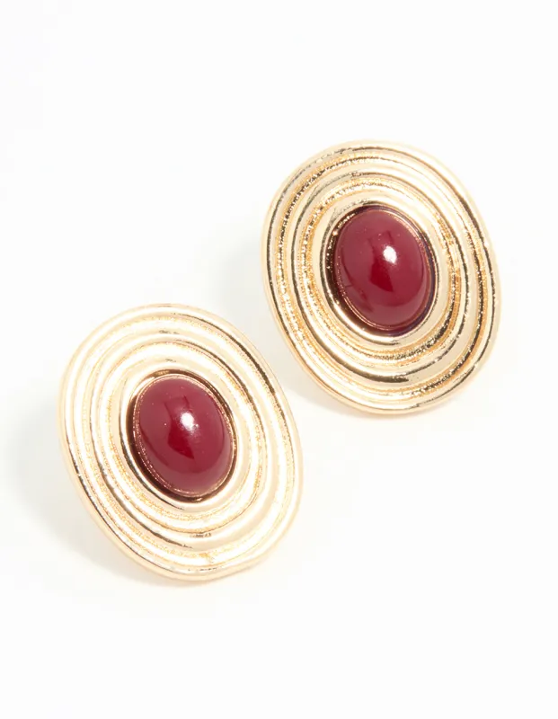 Gold Red Stone Vintage Round Statement Stud Earrings sold by lovisa