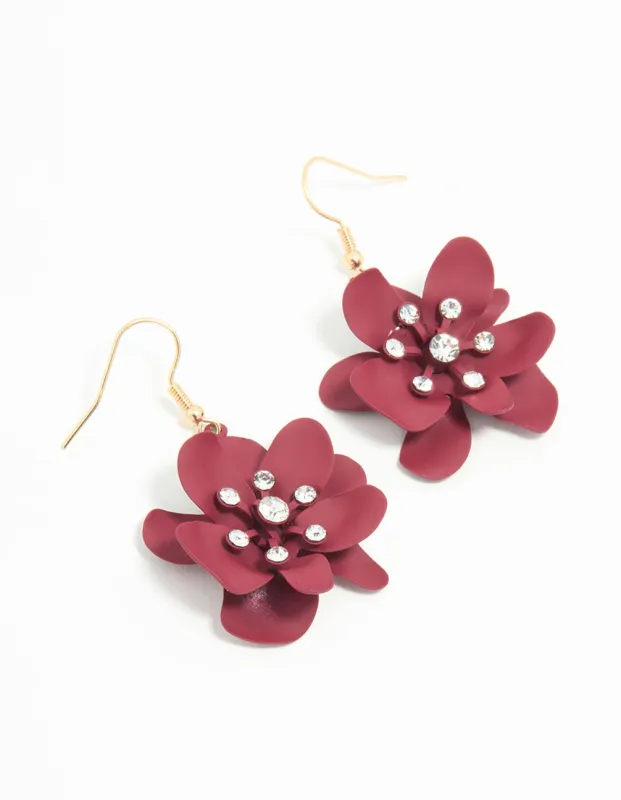 Gold Burgundy Flower Diamante Drop Earrings sold by lovisa