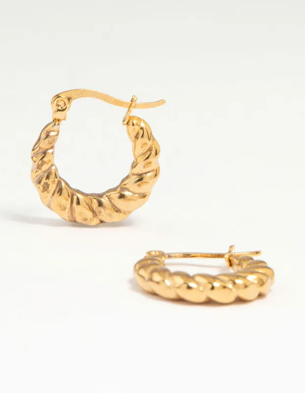 Waterproof Gold Plated Stainless Steel Textured Crescent Hoop Earrings sold by lovisa