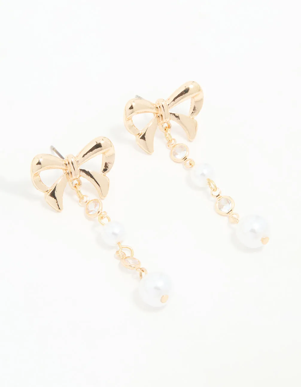 Gold Diamante Bow Pearl Drop Earrings sold by lovisa