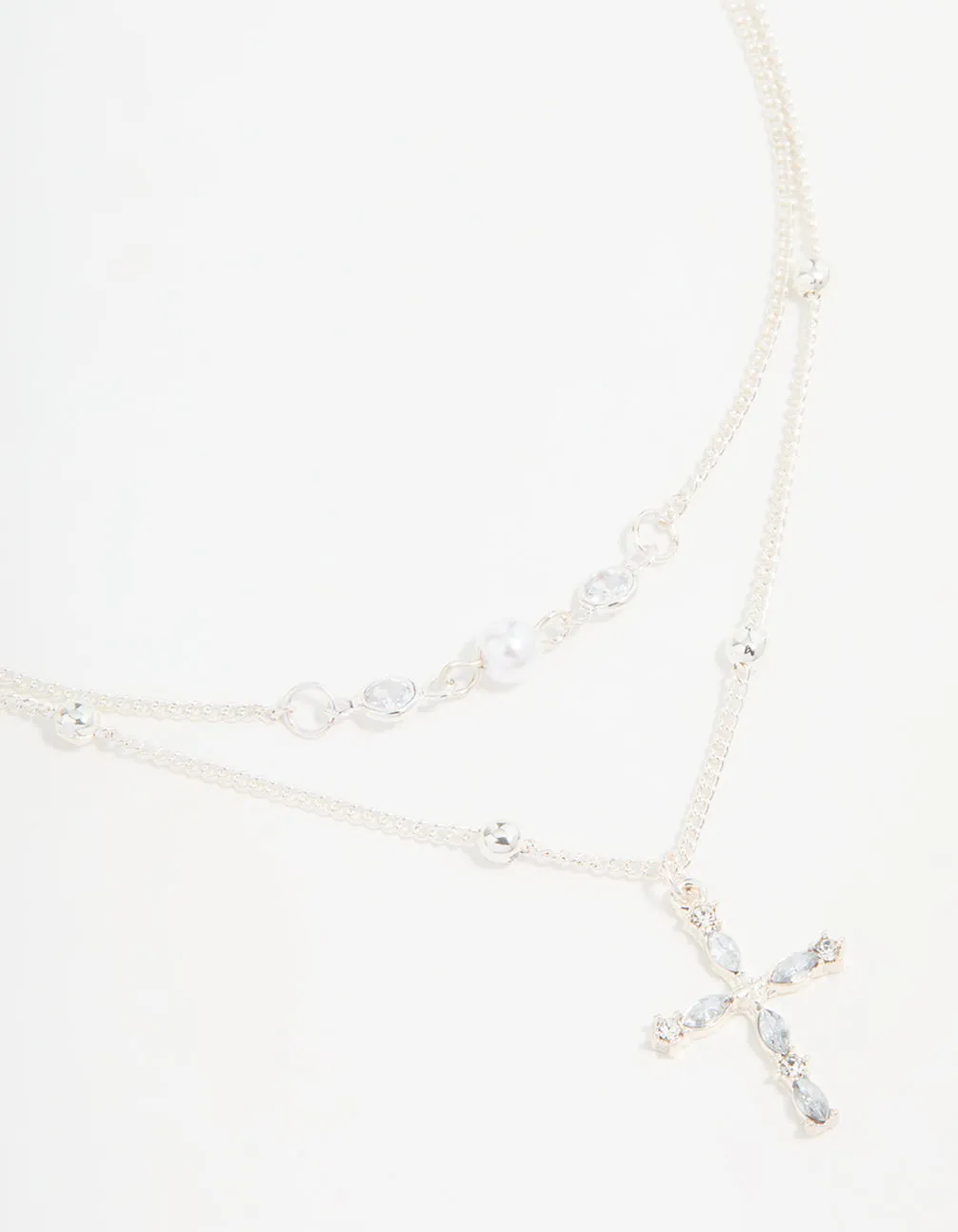 Silver Beaded Diamante Cross Layered Necklace sold by lovisa