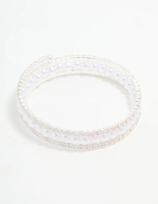 Silver Cubic Zirconia Pearl Layered Bangle sold by lovisa