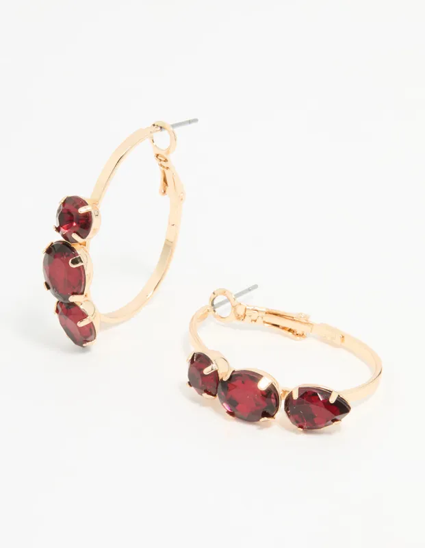 Gold Burgundy Diamante Detail Hoop Earrings sold by lovisa