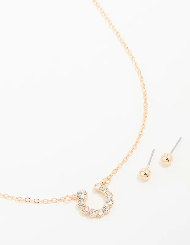 Gold Diamante Circle Necklace & Stud Earrings Set sold by lovisa