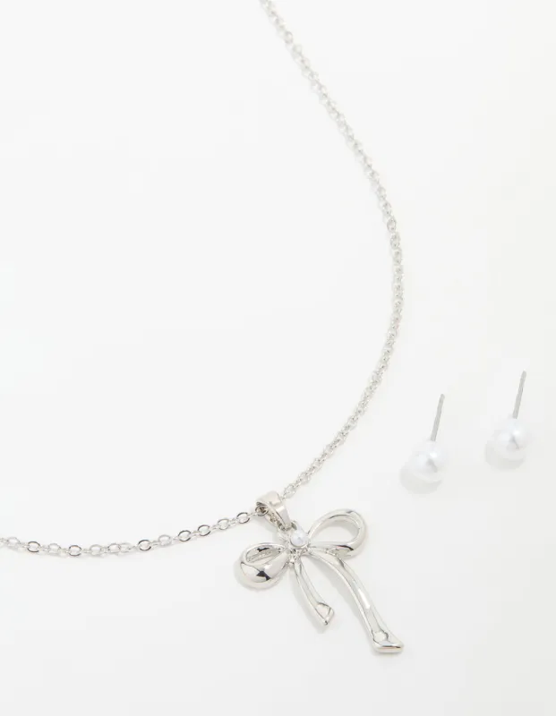 Silver Pearl Bow Necklace & Stud Earrings Set sold by lovisa