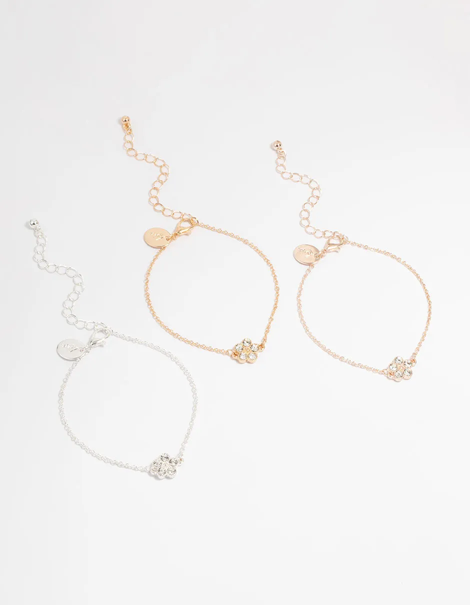 Mixed Metals Diamante Flower Bracelets 3-Pack sold by lovisa