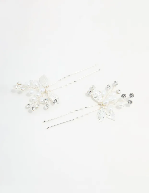 Silver Leaf Pearl & Diamante Bobby Pins 2-Pack sold by lovisa