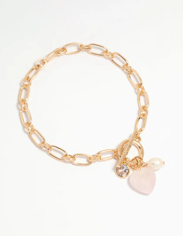 Gold Pearl Rose Quartz Heart Charm T & O Bracelet sold by lovisa