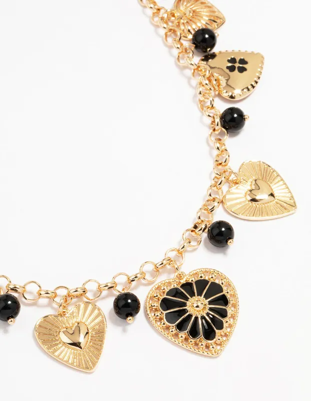 Gold Black Beaded Heart Charm Necklace sold by lovisa