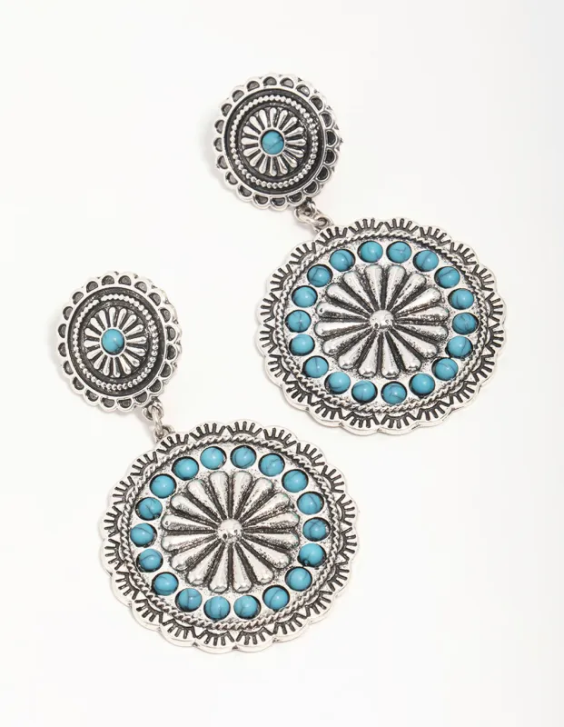 Antique Silver Turquoise Circle Drop Earrings sold by lovisa