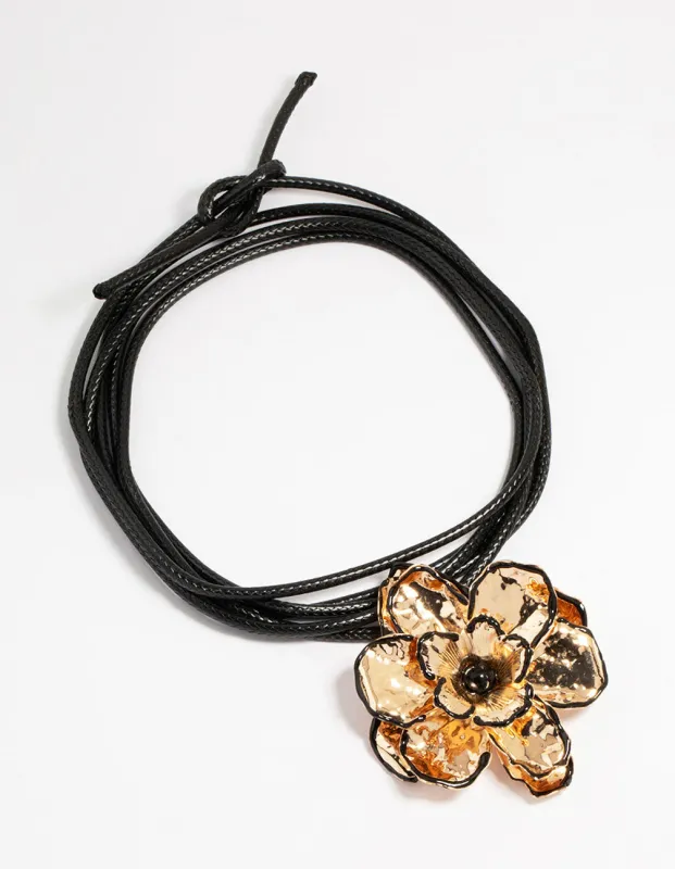 Gold Flower Fabric Black Cord Choker Necklace sold by lovisa