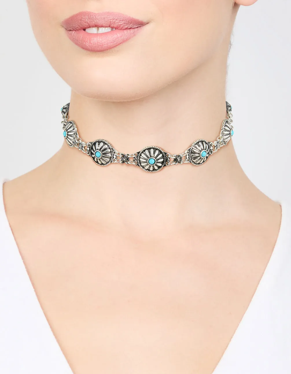 Antique Silver Circle Turquoise Choker Necklace sold by lovisa product image thumbnail 2