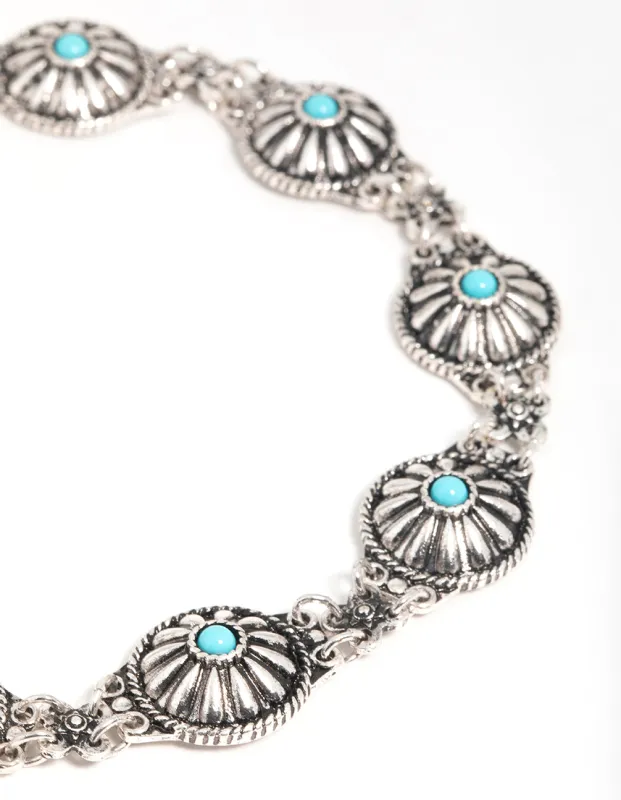 Antique Silver Circle Turquoise Choker Necklace sold by lovisa