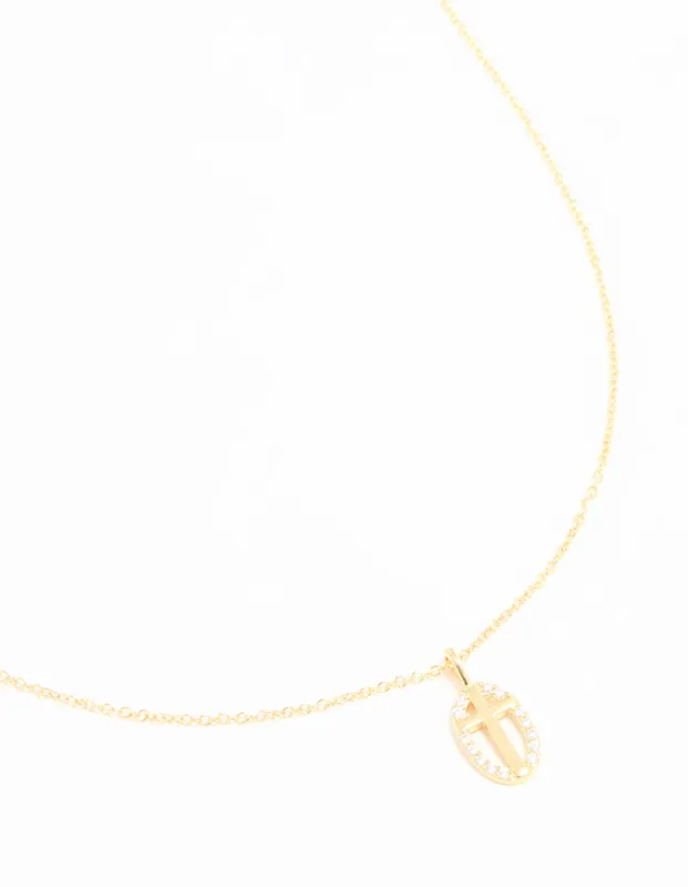 Gold Plated Sterling Silver Cubic Zirconia Oval Cross Necklace sold by lovisa