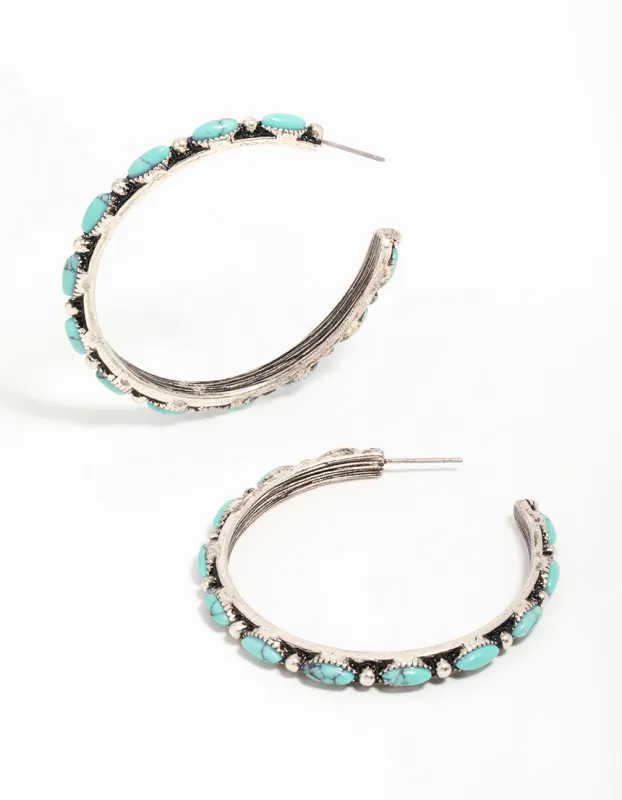 Antique Silver Turquoise Large Hoop Earrings sold by lovisa