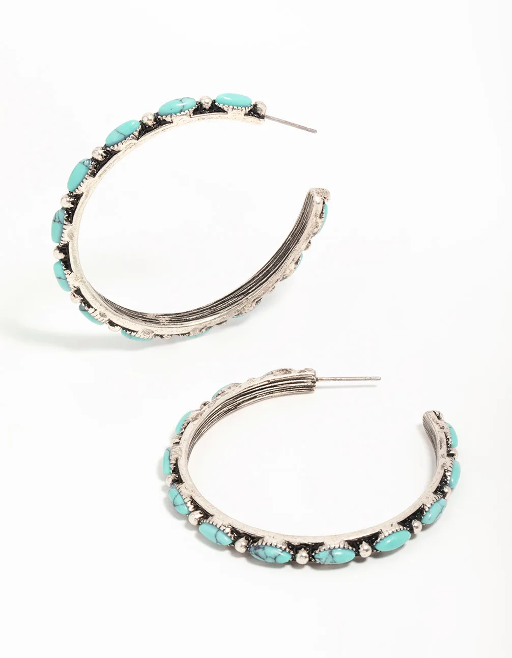 Antique Silver Turquoise Large Hoop Earrings sold by lovisa