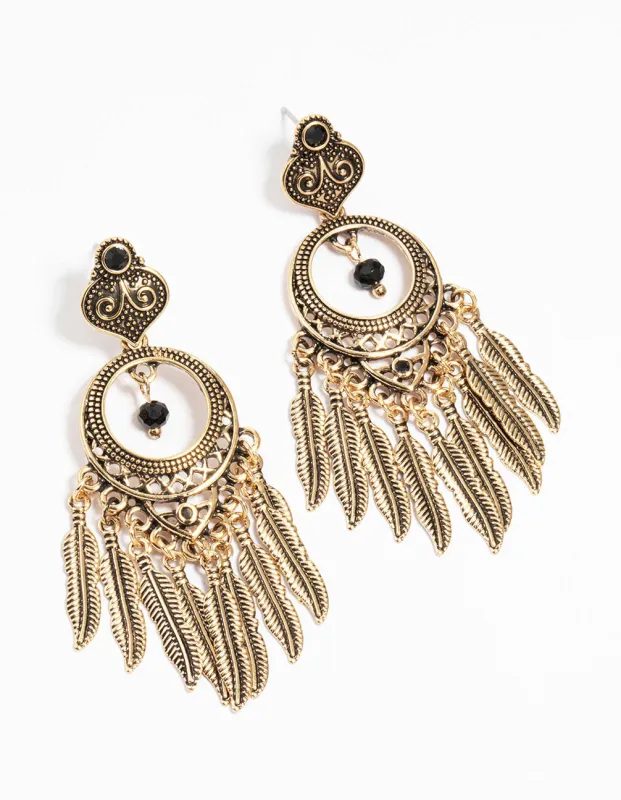 Antique Gold Black Patterned Dreamcatcher Tassel Drop Earrings sold by lovisa