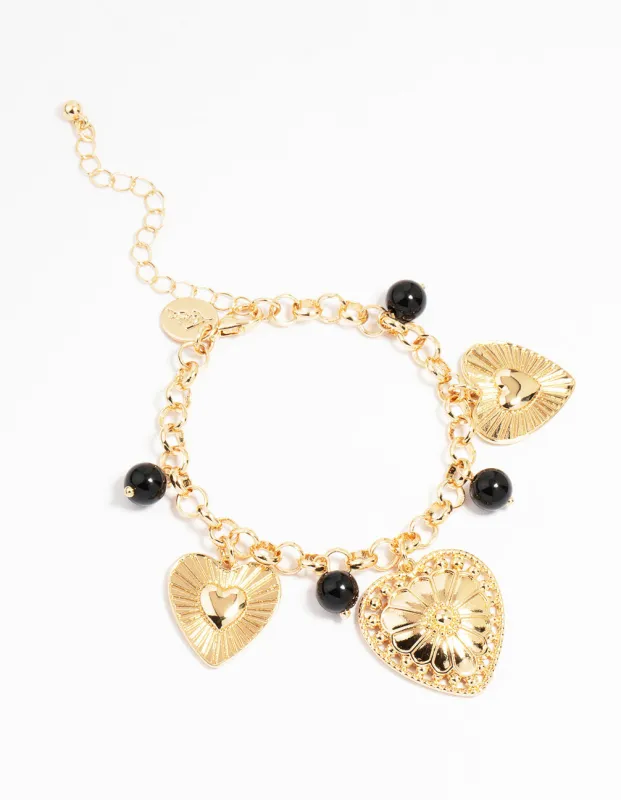 Gold Black Beaded Heart Charm Bracelet sold by lovisa