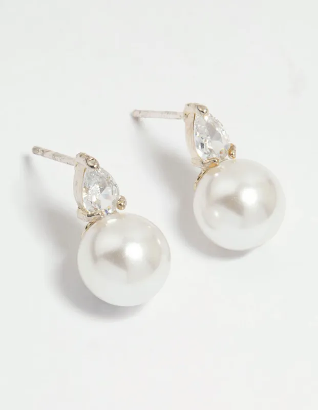 Silver Plated Mini Cubic Zirconia Pearl Drop Earrings sold by lovisa