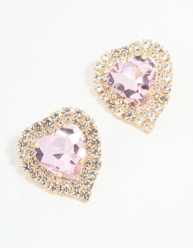 Rose Gold Diamante Pink Heart Stud Earrings sold by lovisa