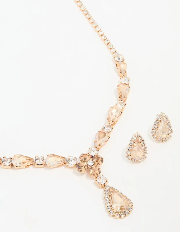 Rose Gold Diamante Necklace & Earrings Set sold by lovisa