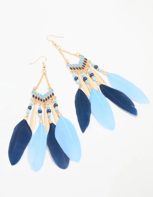 Gold Blue Feather Tassel Drop Earrings sold by lovisa