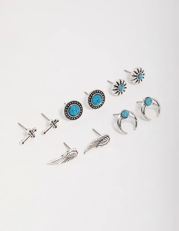 Antique Silver Turquoise Stone Stud Earrings 5-Pack sold by lovisa