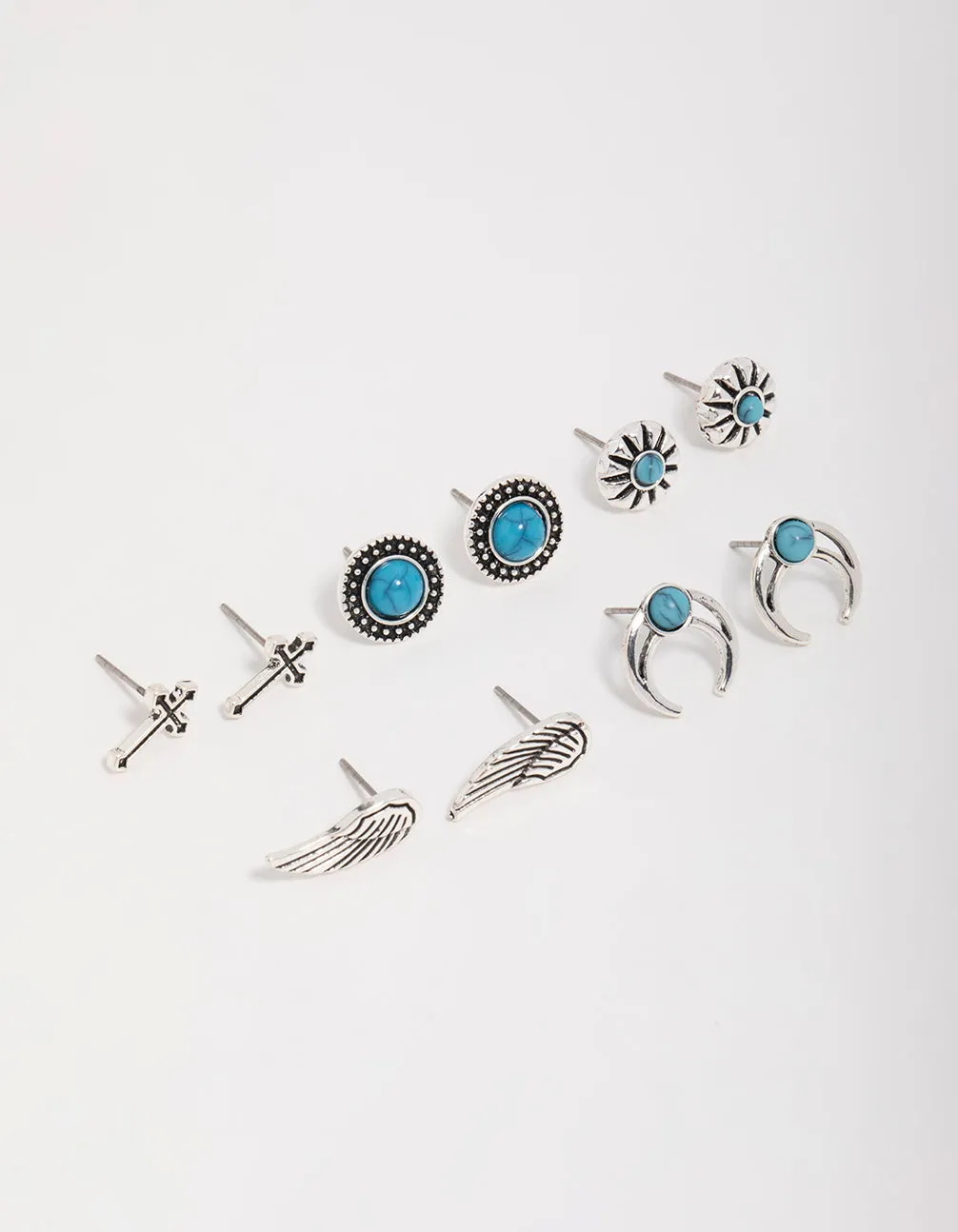 Antique Silver Turquoise Stone Stud Earrings 5-Pack sold by lovisa