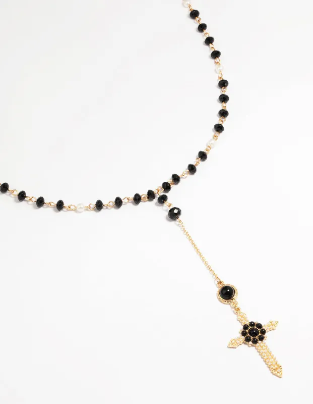 Gold & Black Beaded Cross Pendant Long Y-Necklace sold by lovisa