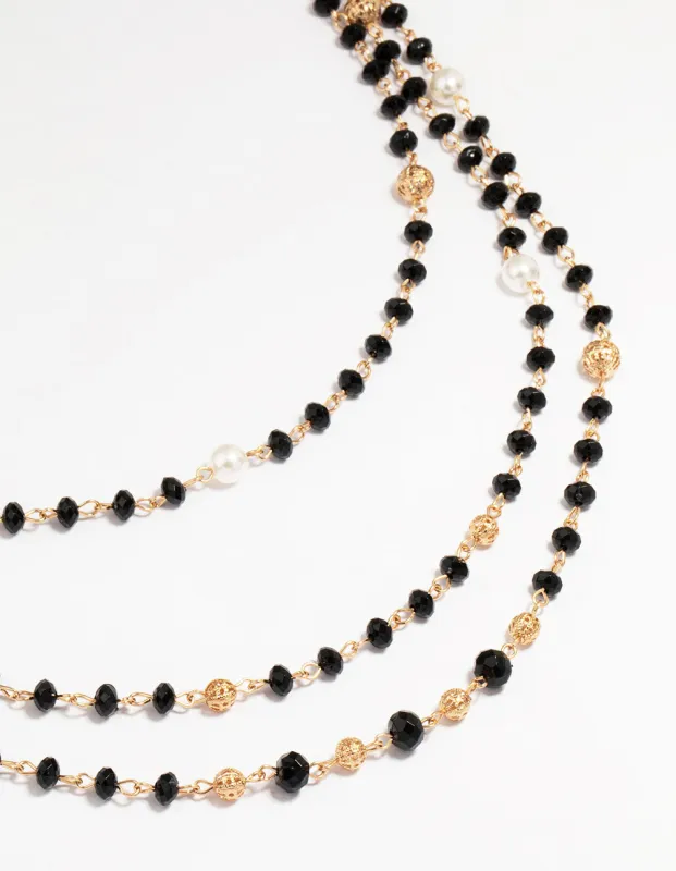 Gold Pearl Black Beaded Layered Necklace sold by lovisa