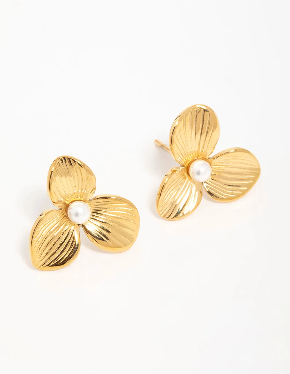Waterproof Gold Plated Stainless Steel Pearl Flower Stud Earrings sold by lovisa