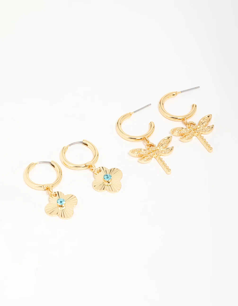 Gold Plated Dragonfly & Flower Drop Earrings 2-Pack sold by lovisa