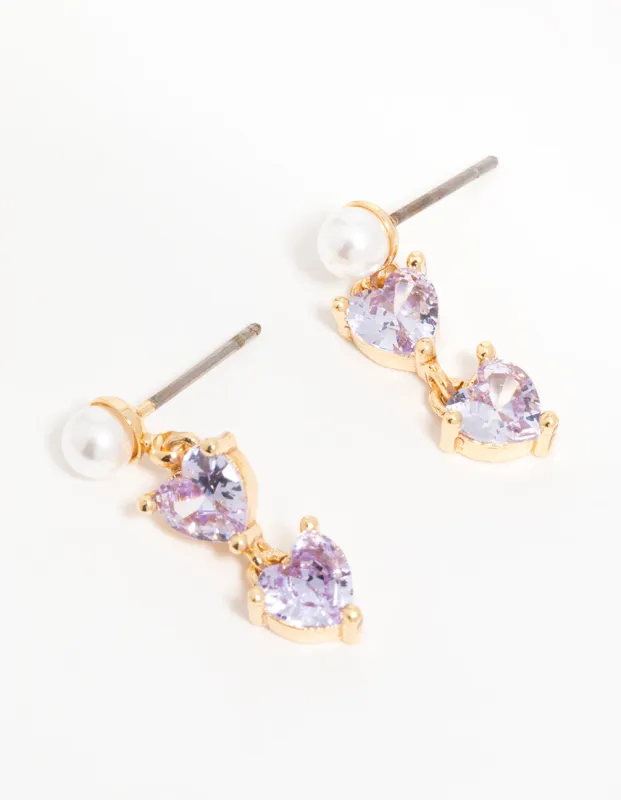 Gold Purple Cubic Zirconia Pearl Dainty Heart Drop Earrings sold by lovisa