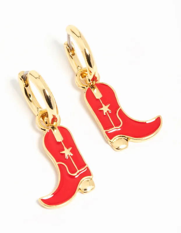 Gold Red Enamel Cowboy Boot Drop Earrings sold by lovisa
