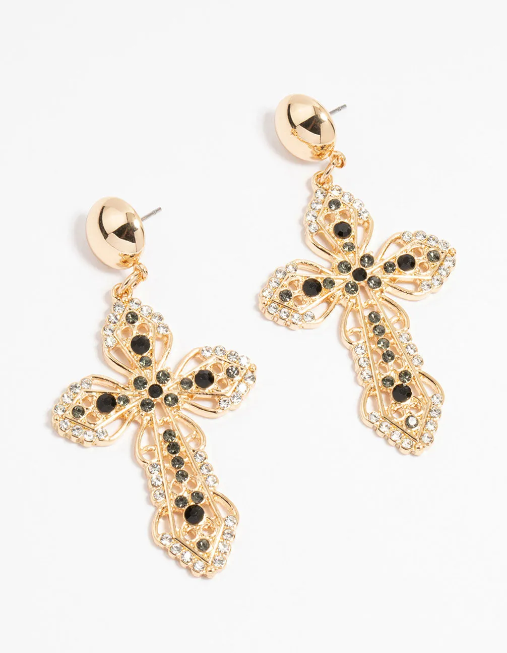 Gold Black Diamante Cross Drop Earrings sold by lovisa