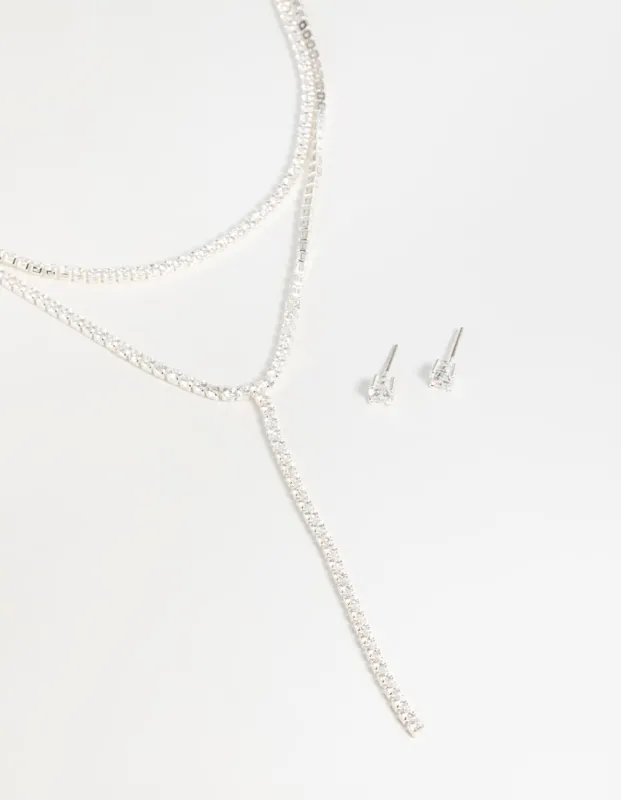 Silver Cubic Zirconia Layered Tennis Necklace & Stud Earrings Set sold by lovisa