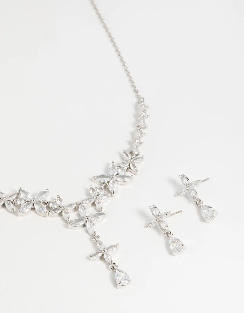 Silver Cubic Zirconia Flower Drop Earrings & Necklace Set sold by lovisa