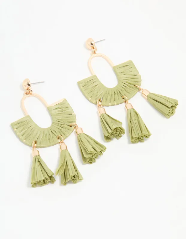 Gold & Green Half Woven Tassel Drop Earrings sold by lovisa