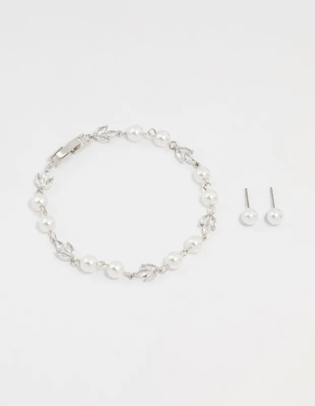 Silver Cubic Zirconia Pearl Leaf Bracelet & Earrings Set sold by lovisa