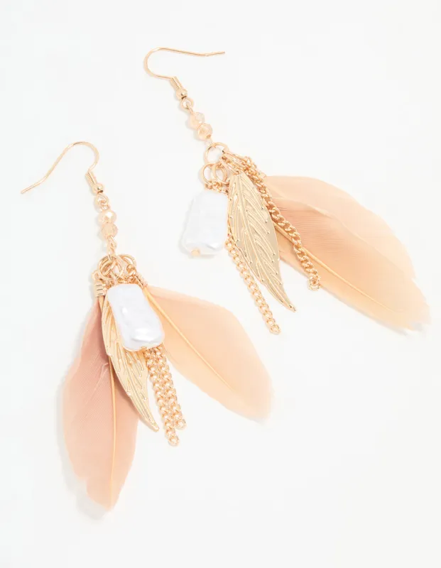 Gold Pearl Leaf Peach Feather Hook Earrings sold by lovisa