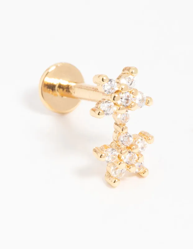 Gold Plated Surgical Steel Cubic Zirconia Double Star Flat Back Stud sold by lovisa