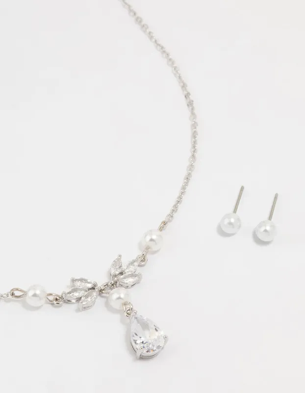 Silver Pearl Cubic Zirconia Drop Necklace & Earrings Set sold by lovisa