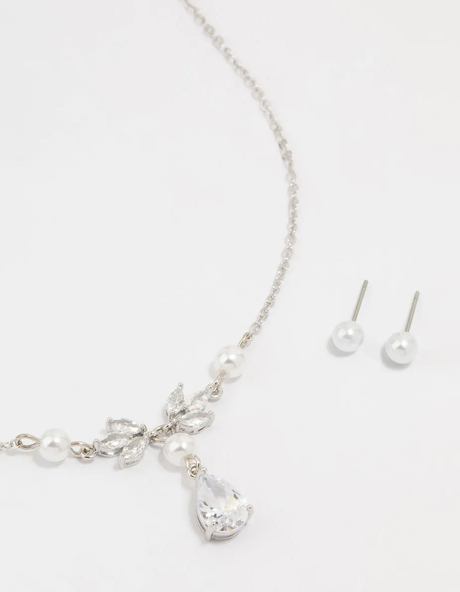 Silver Pearl Cubic Zirconia Drop Necklace & Earrings Set sold by lovisa